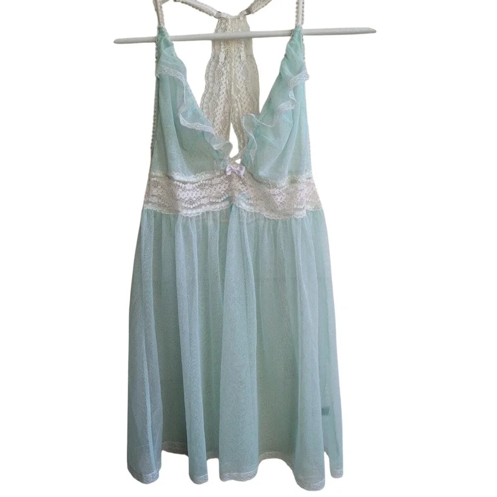Betsey Johnson Aqua Blue Babydoll Lingerie Lace Trim Ruffle Halter Y2K - Picture 5 of 12